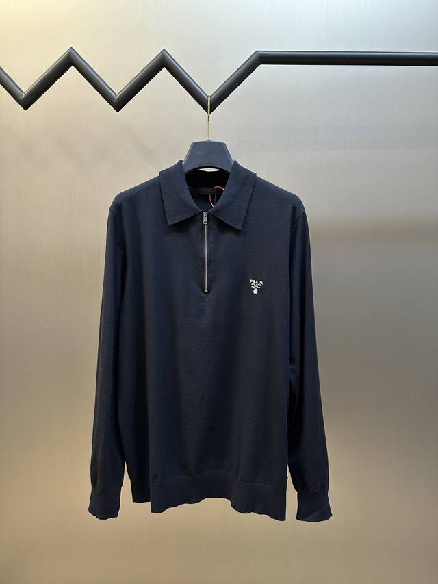 Prada Embroidered Zipper Long Sleeve Polo Shirt 18-gauge German machine-woven Zh