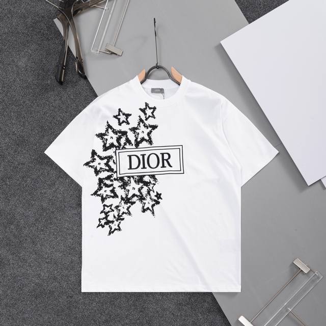Dior gradient five-pointed star letter graffiti round neck short sleevesDior off