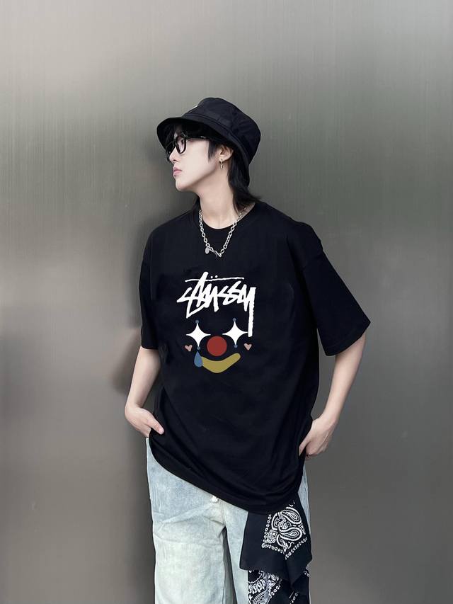 Stussy New spring and summer pattern print round neck short-sleeved T-shirt, pur
