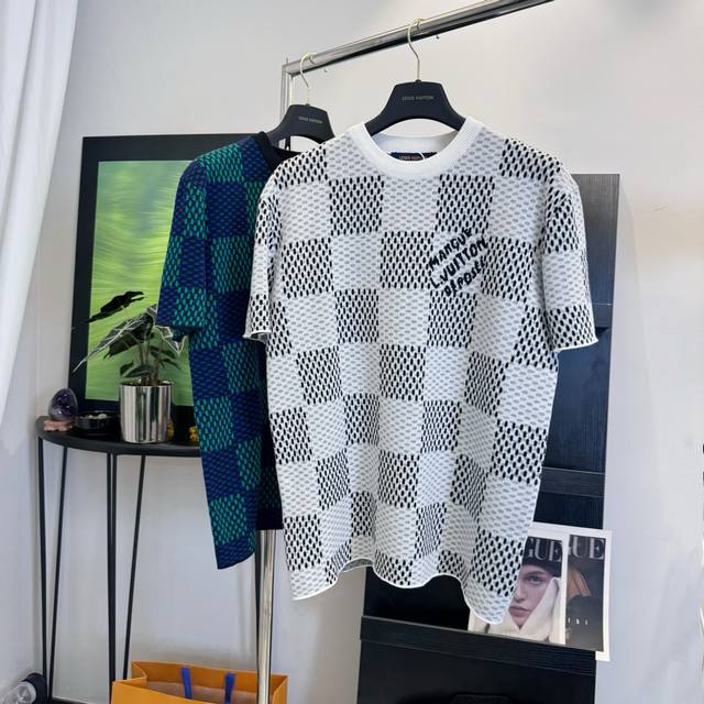 Louis VuittonLv25Ss new spring and summer checkerboard silk knitted short-sleeve