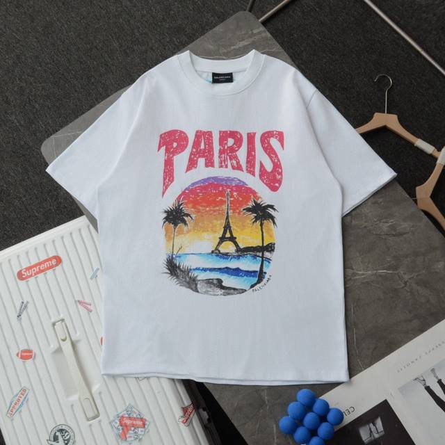 Balenciaga Balenciaga's new pink sunset Eiffel Tower graffiti print round neck s