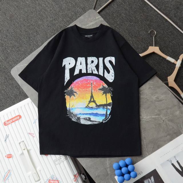 Balenciaga Balenciaga's new pink sunset Eiffel Tower graffiti print round neck s