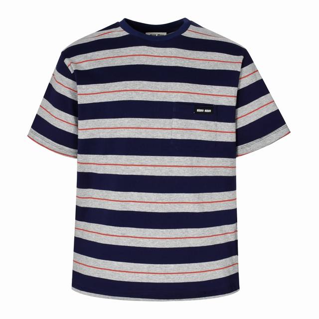 Exclusive supply of Miumiu striped contrast short-sleeved Customized double-str