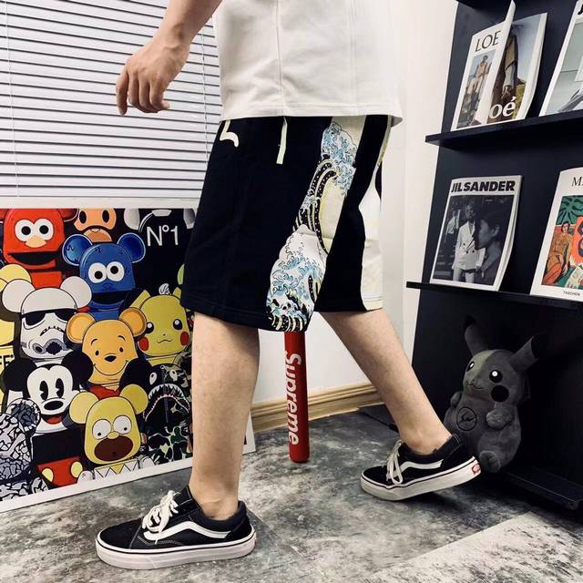 Evisu Fushen Zhongshan original wave Daruma print casual terry shorts for men an