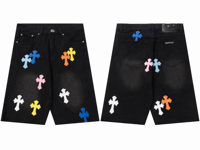 Spot 9922 Ch Retro color cross stitching leather washed old loose denim shorts