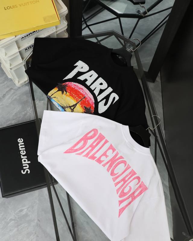 Top version] Balenciaga new pink sunset tower graffiti print round neck short sl