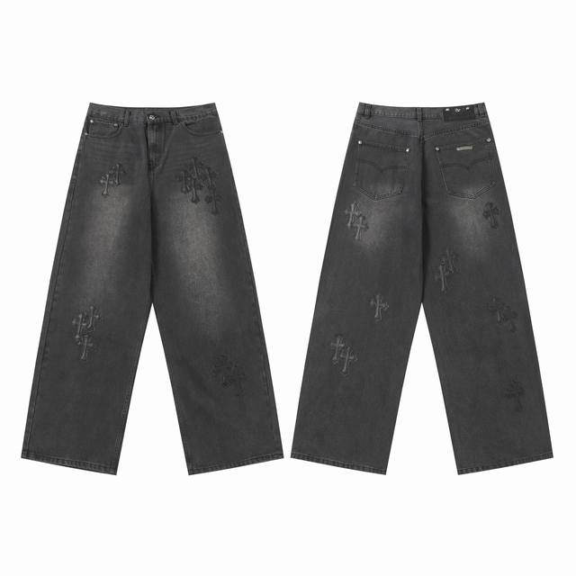 Spot 302 Chrome Hearts Summer New Unisex Cross Wide-leg Jeans Distressed Heavy