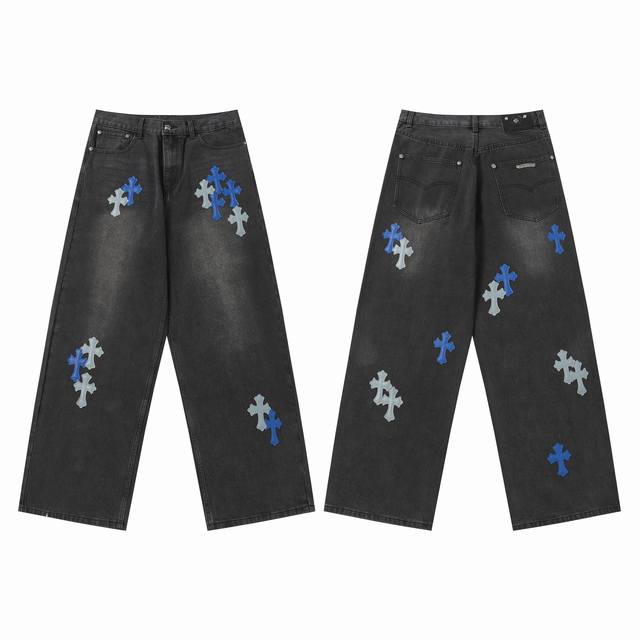 Spot 303 Chrome Hearts Summer New Unisex Cross Wide-leg Jeans Distressed Heavy