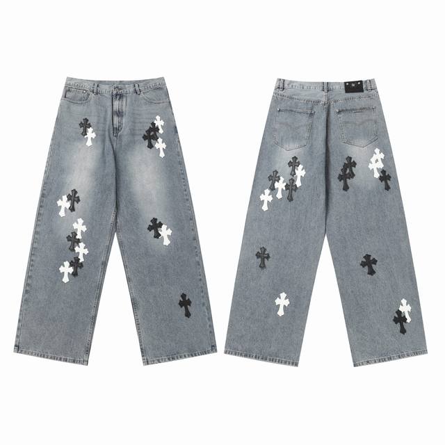Spot 301 Chrome Hearts Summer New Unisex Cross Wide-leg Jeans Distressed Heavy