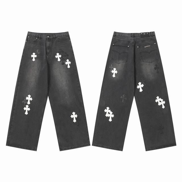 Spot 305 Chrome Hearts Summer New Unisex Cross Wide-leg Jeans Distressed Heavy