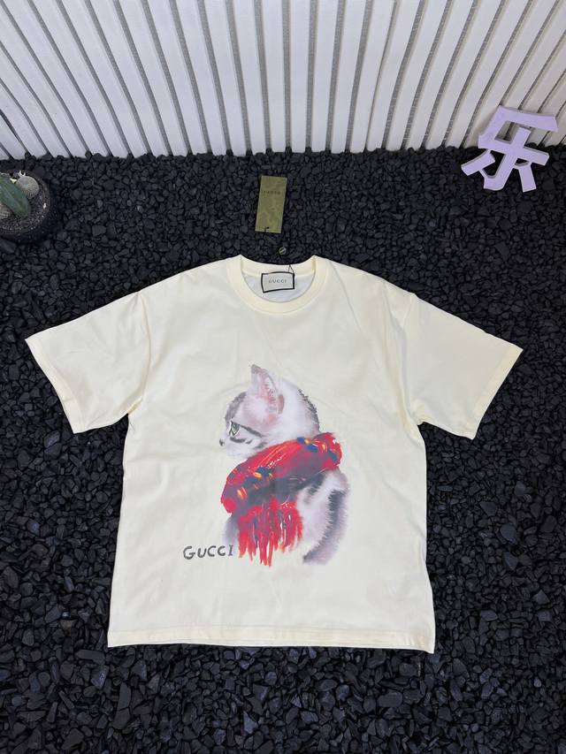 Gucci Gucci solid color cartoon cat pattern Logo print round neck loose casual s