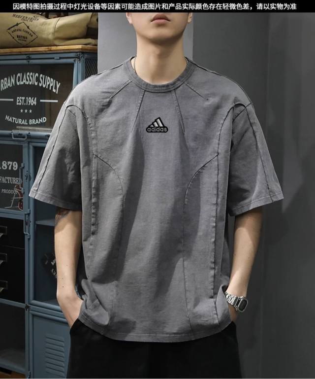 Adidas Summer Heavy Retro Gray Short Sleeve T-shirt Loose Large Size Splicing T