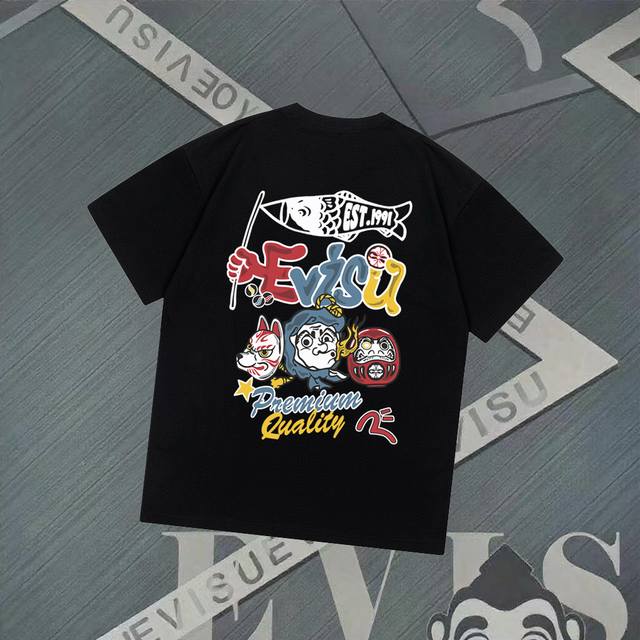 Fs233 Evisu Fukugami - New Hyuga Hot Daruma Printed Short Sleeve Casual Loose Co