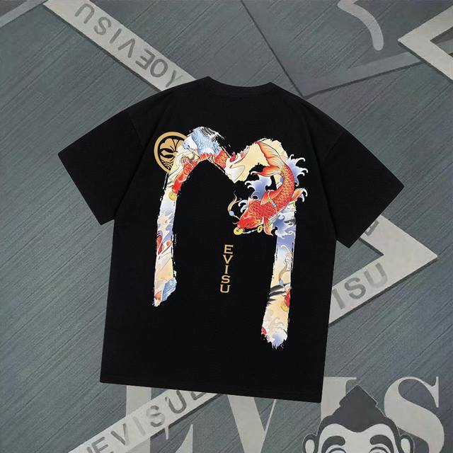 Fs238 Evisu Fushen - New Large M Koi Print Short Sleeve Casual Loose T-shirt Cou