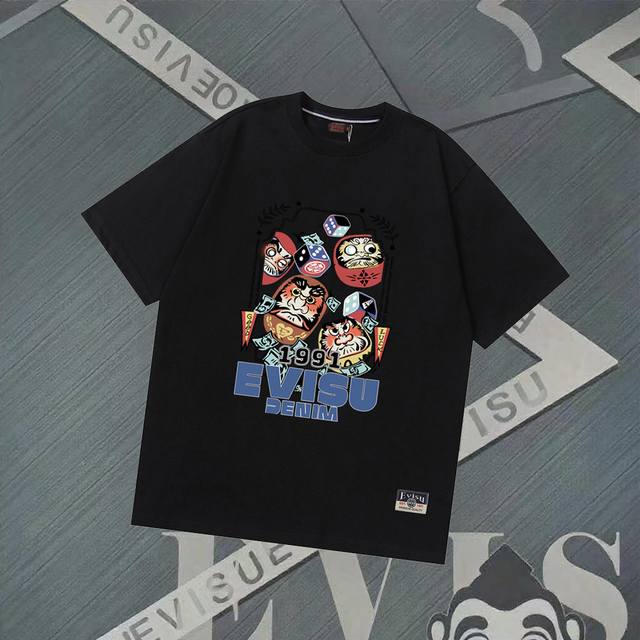 Fs212 Evisu Fukushin - New Hanazada Daruma Printed Short Sleeve Casual Loose Cou