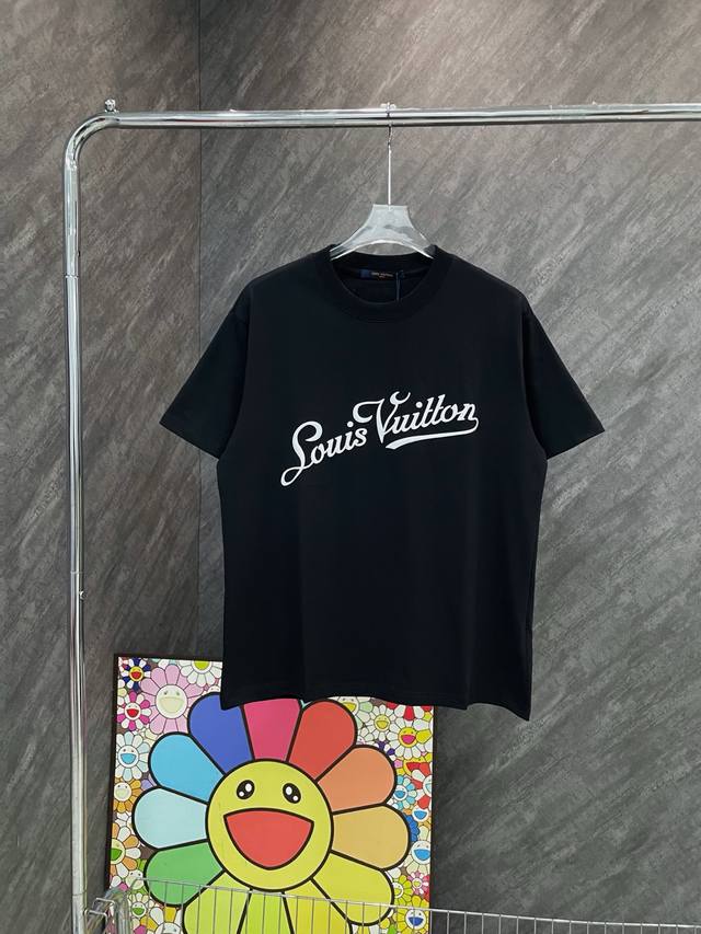 Lv colorful old flower cursive flocking letter pattern round neck short sleeves