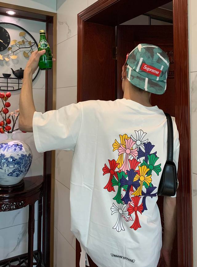 High quality! Chrome Hearts Rainbow Cross Couple Short Sleeve T! Loose version!