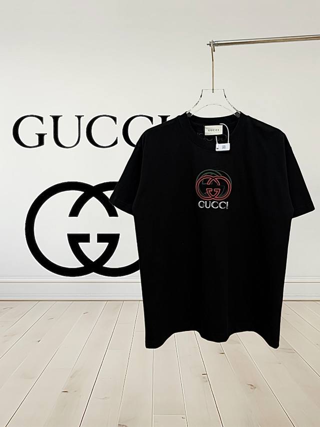 High-end Gucci Gucci front and back embroidered round neck short-sleeved T-shir