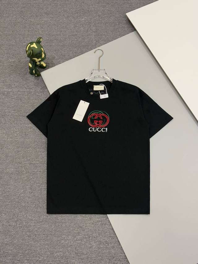 High-end Gucci Gucci front and back embroidered round neck short-sleeved T-shir