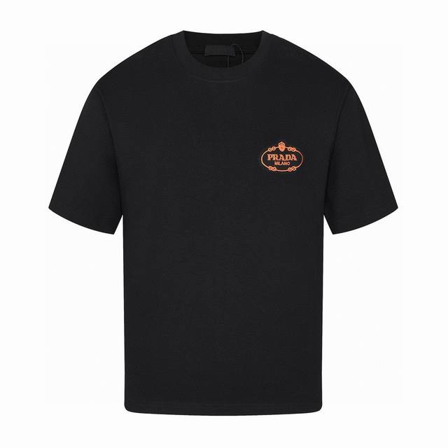 Prada Summer new style gold logo embroidered round neck short sleeve T-shirt fa