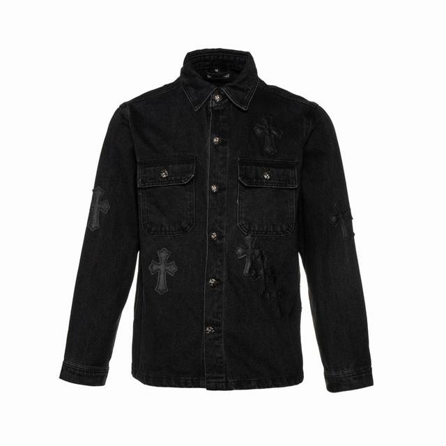 High version Chrome Hearts dark leather label cross washed denim jacket, unisex