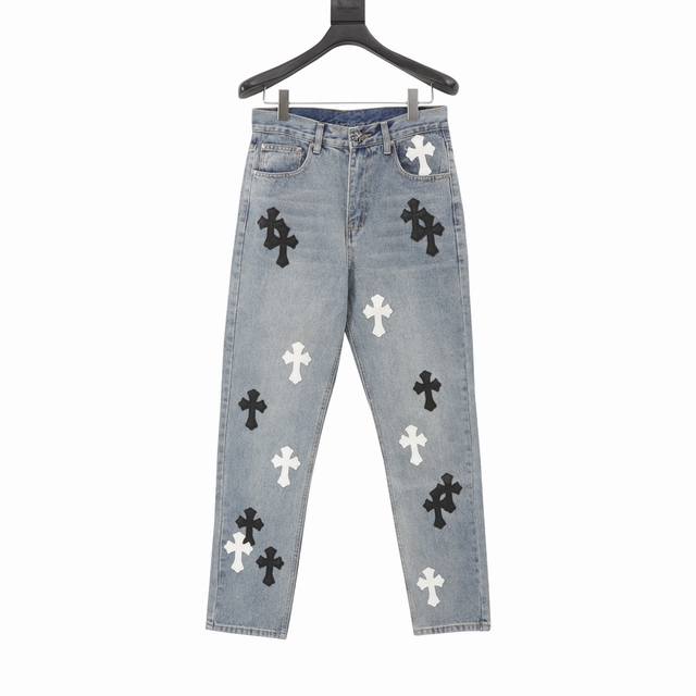 High version Chrome Hearts leather label cross washed jeans, same style for men