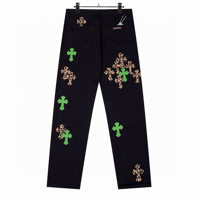 High version Chrome Hearts Sex Records series leather leopard cross jeans, the