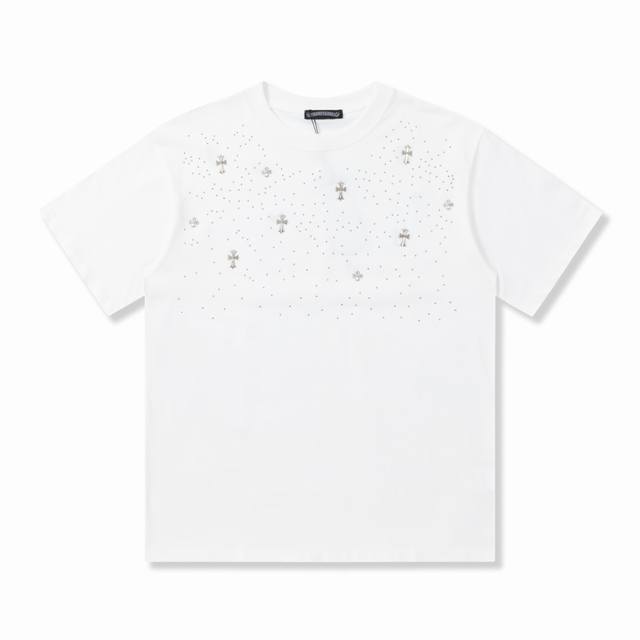 High version Chrome Hearts cross rhinestone short sleeves, unisex. Made of smoo