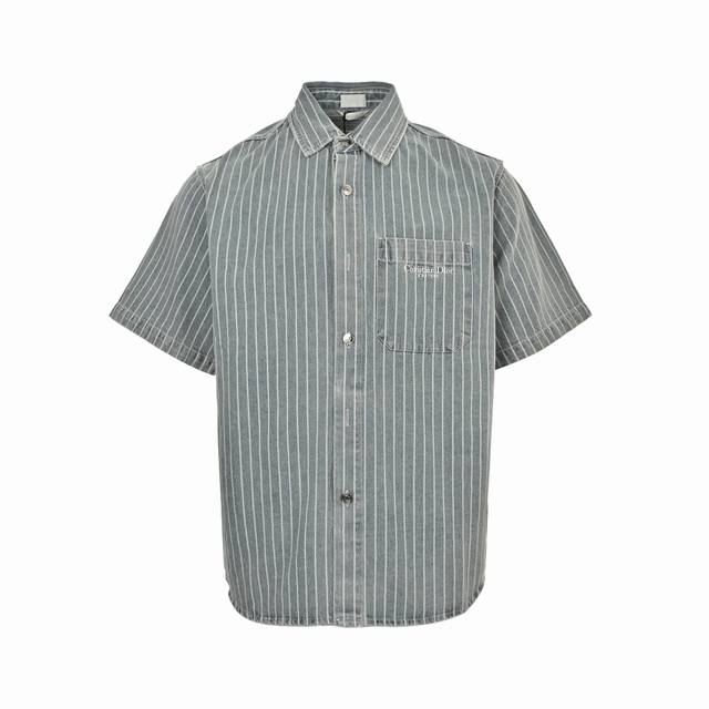 Dior Dior 25Ss Embroidered Letter Striped Washed Denim Short Sleeve ShirtThe new
