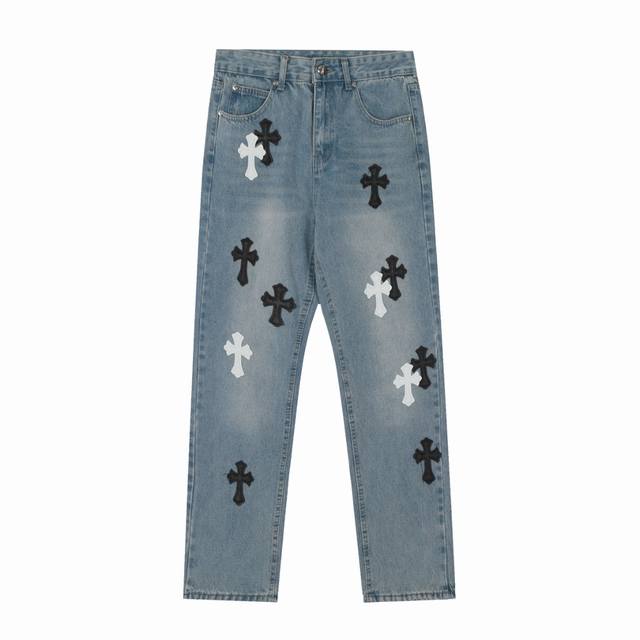 High version Chrome Hearts embroidered leather label cross washed jeans, unisex
