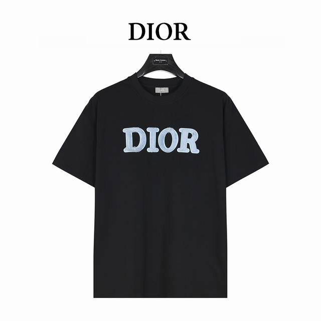Dior 25Ss blue flocked letter embroidered short-sleeved T-shirt design logo offi