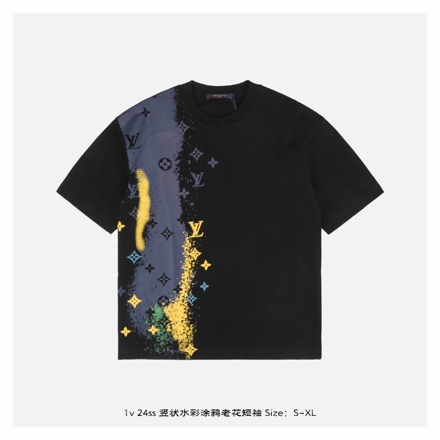 Lv 24Ss vertical watercolor graffiti old flower short sleeves The fabric is made