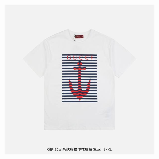 Gucci 25Ss striped anchor print short sleeves The fabric is made of 230g combed