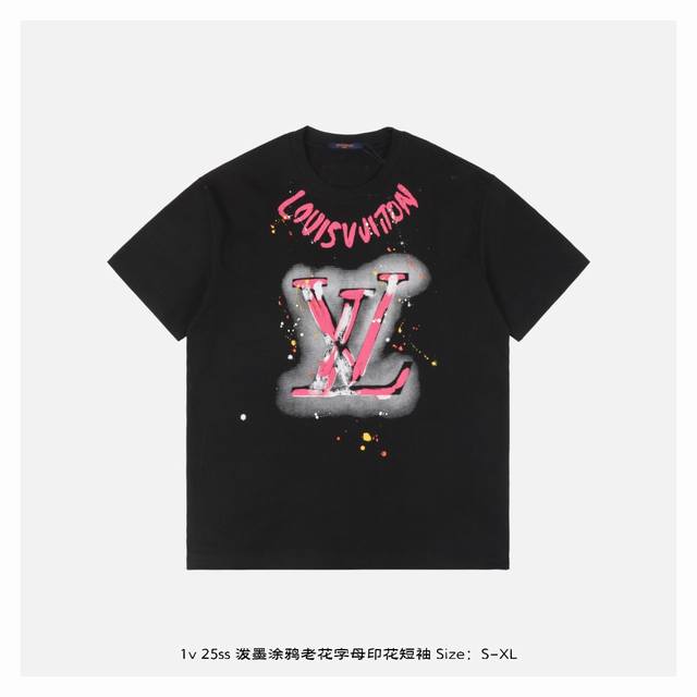 Lv 25Ss Ink graffiti old flower letter print short sleeves The fabric is made of