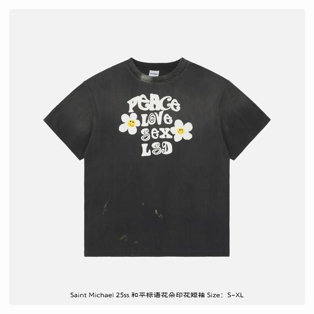 Saint Michael 25Ss Peace slogan flower print short sleeves The overall fabric is