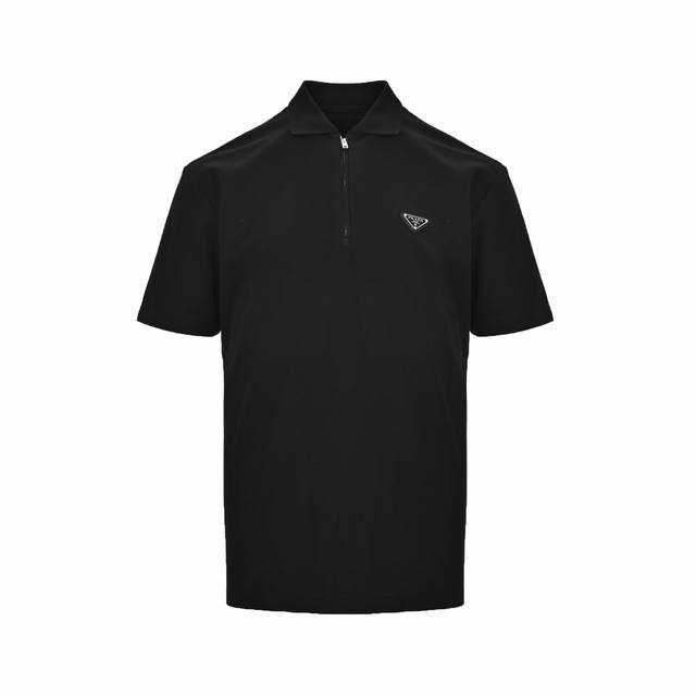Prada 25Ss triangle logo half zipper Polo short sleeves Brand custom-made fabric
