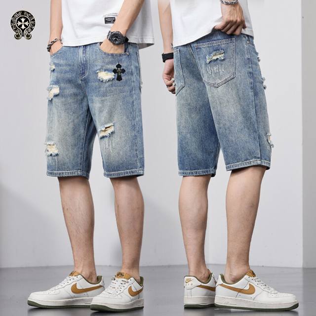 New Chrome Hearts summer thin washed cotton ripped casual denim shorts Made of