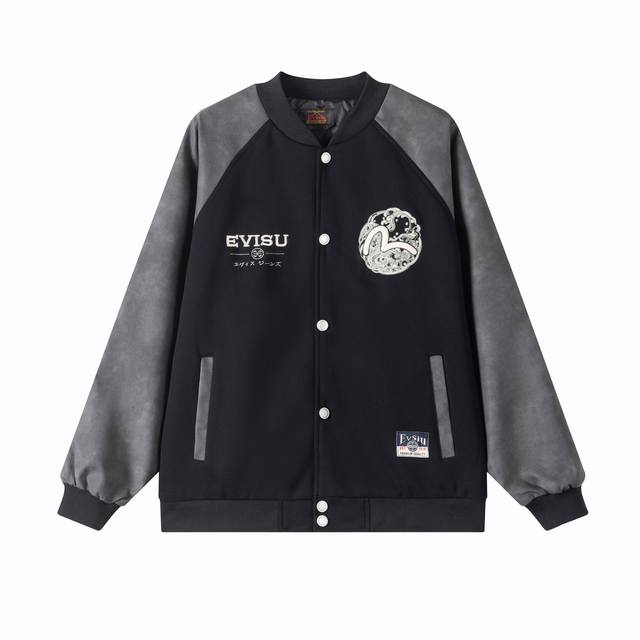 Evisu Fukushin and Seagull Embroidered Wide Casual JacketThe embroidered faux le