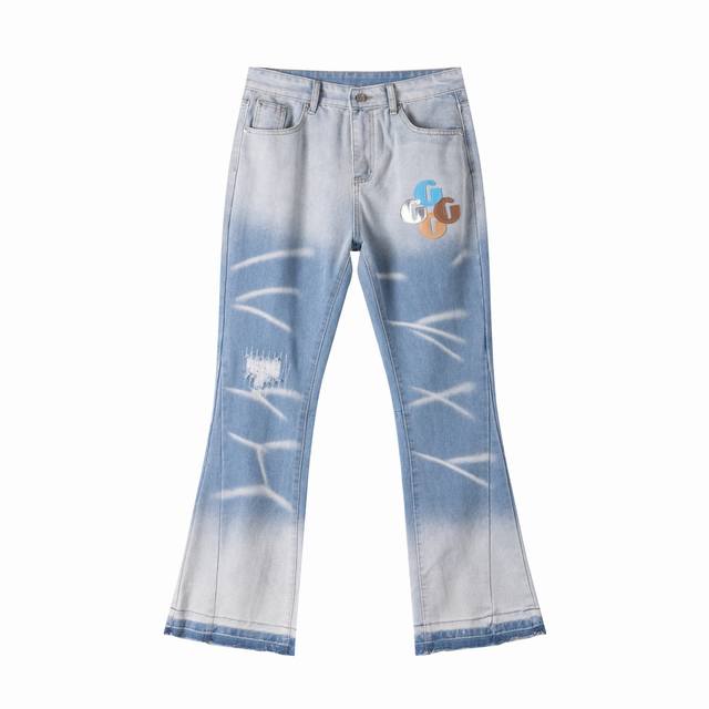 Gallery Dept denim patchwork full print laminated ripped flared jeans, washed an