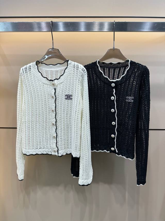 Celine Arc de Triomphe embroidery custom button hollow round neck knitted cardig