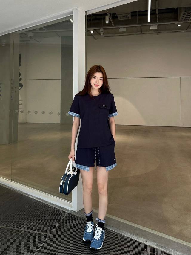 Miumiu Miu Miu customized small letter logo plaid patchwork round neck short-sle