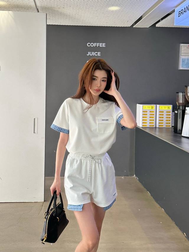 Miumiu Miu Miu customized small letter plaid stitching round neck short-sleeved