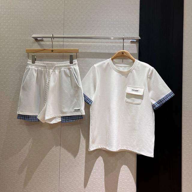 Miumiu Miu Miu customized small letter plaid stitching round neck short-sleeved