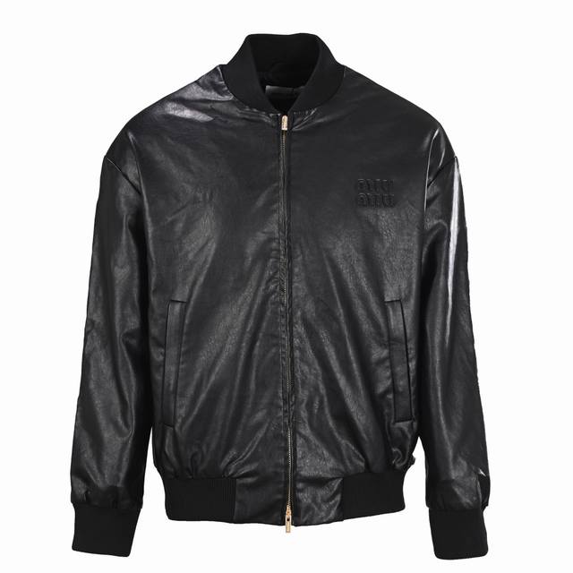 Miu Miu Mm Embroidered Logo Stand Collar Leather Jacket Made of calfskin, the to