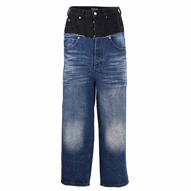 BalenciagaBlcg black and blue patchwork cut denim trousers Heavy washing retro c