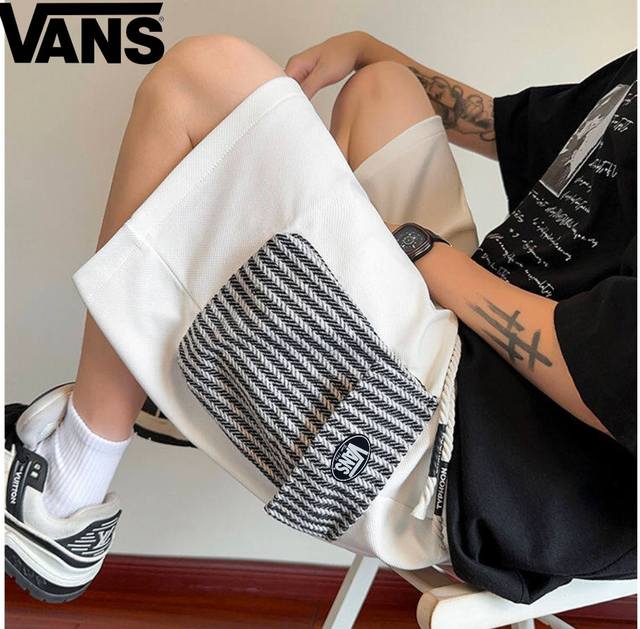 Vans summer new style, unisex elastic waist, side stripes, patchwork pockets, v