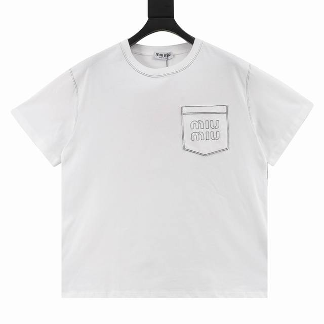 Miu Miu short-sleeved T-shirt with visible embroidery logo The fabric is made of