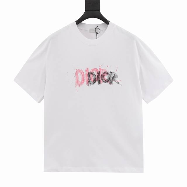 Dior 24Ss hand-painted graffiti letter print short sleeves 280g double yarn fabr