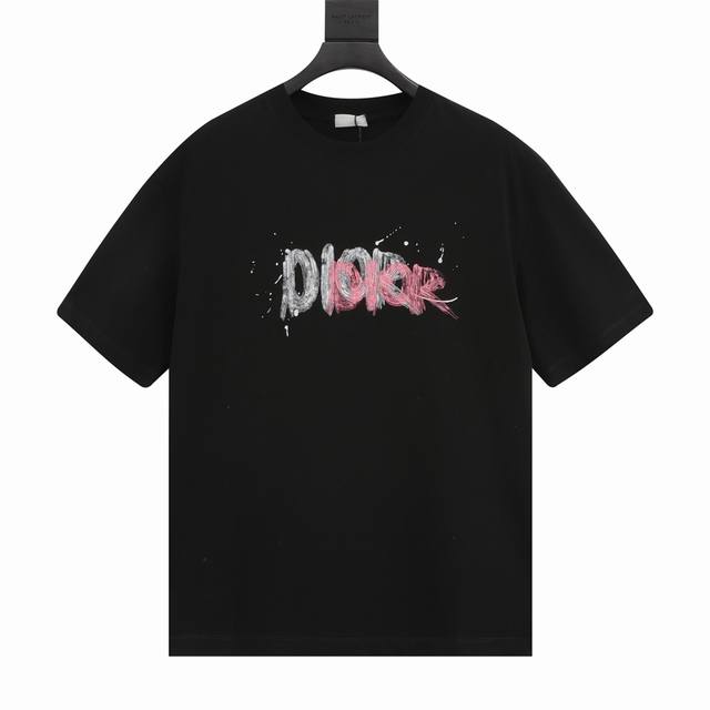 Dior 24Ss hand-painted graffiti letter print short sleeves 280g double yarn fabr