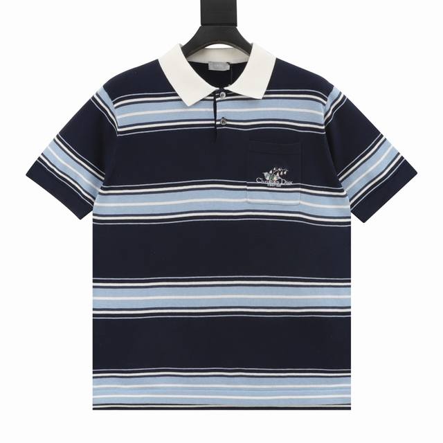 Dior 25Ss Lily of the Valley embroidered striped knitted Polo short sleeves Made